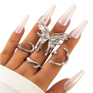 Silvertone Butterfly and Branches Ring Set